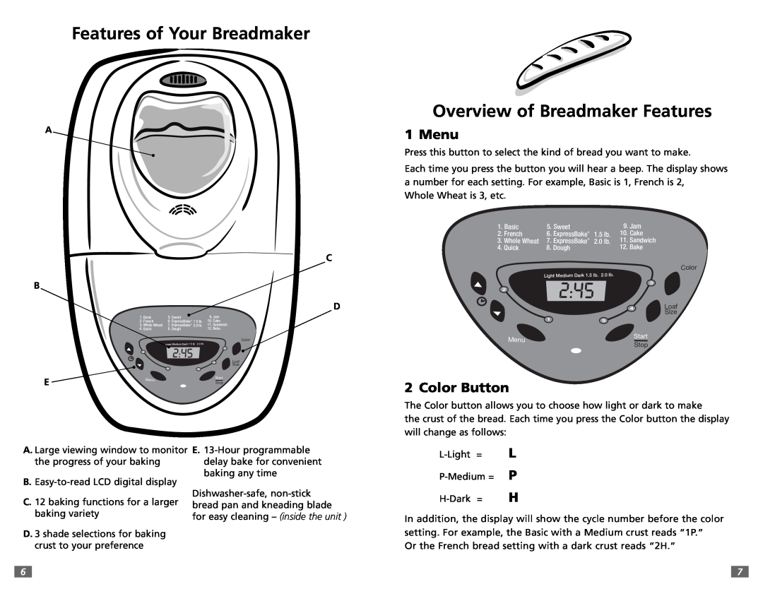 Sunbeam 5891 user manual Features of Your Breadmaker Overview of Breadmaker Features, Menu, Color Button 