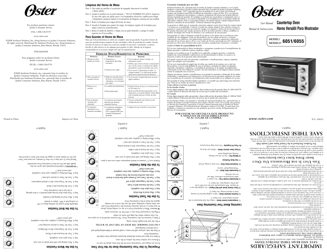 Sunbeam 6055, 6051 user manual Limpieza del Horno de Mesa, Para Guardar el Horno de Mesa, Function Broil the Use To 