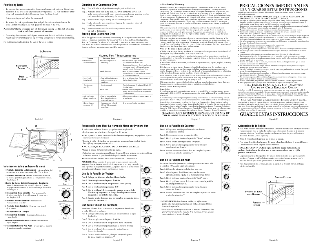 Sunbeam 6051 Positioning Rack, Cleaning Your Countertop Oven, Storing Your Countertop Oven, Uso de la Función de Calentar 
