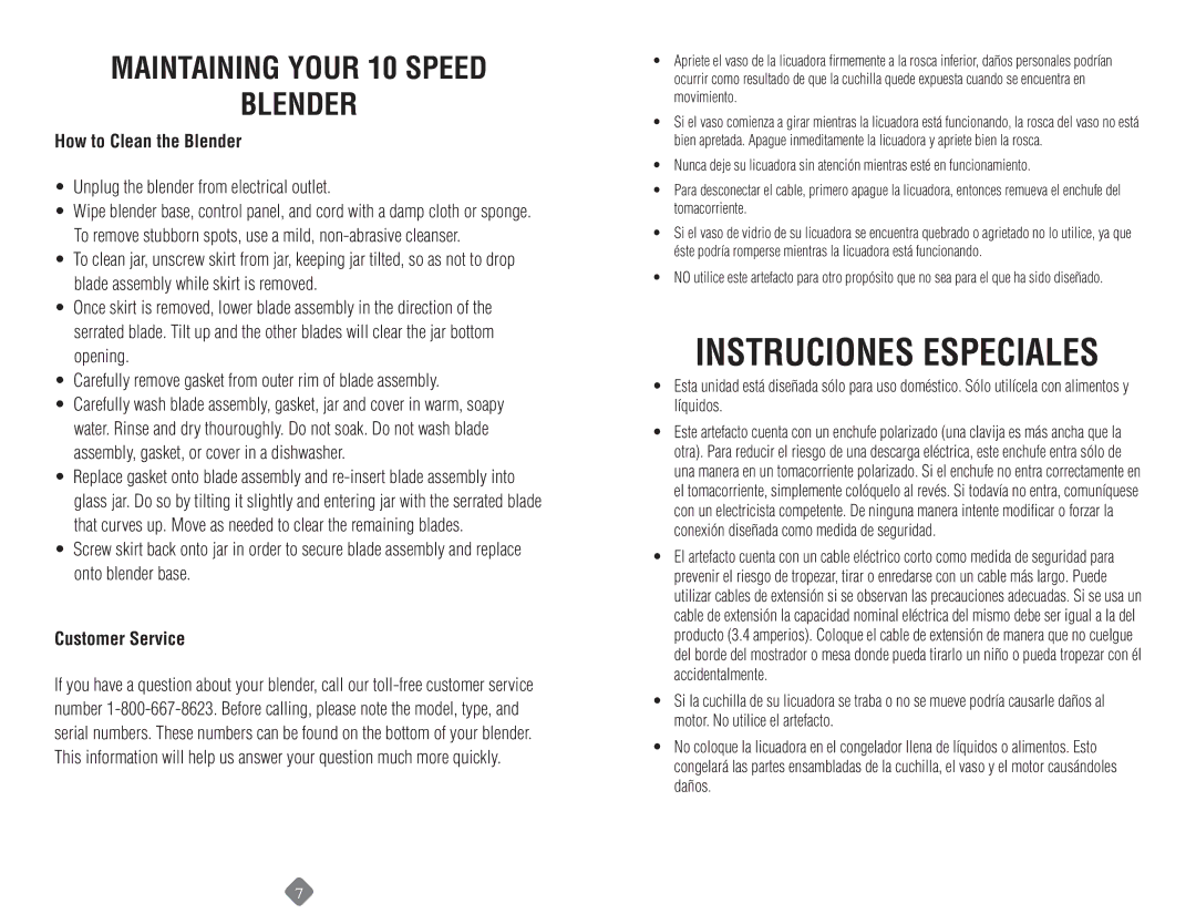 Sunbeam 6013, 6091 Instruciones Especiales, Maintaining Your 10 Speed Blender, How to Clean the Blender, Customer Service 