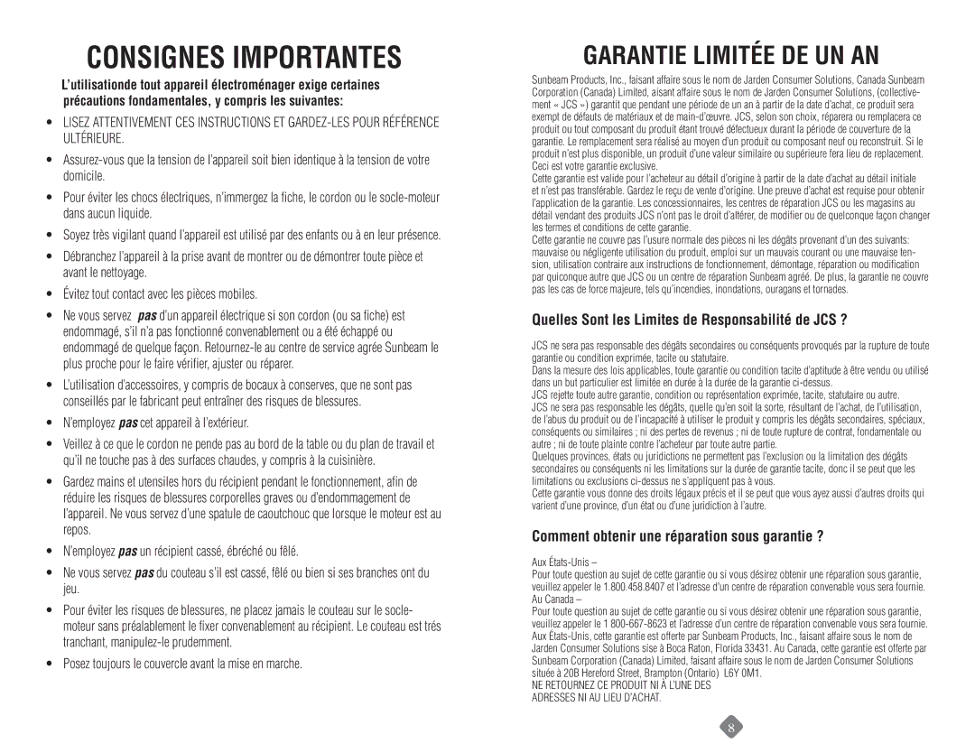 Sunbeam 6013, 6091 Consignes Importantes, Garantie Limitée DE UN AN, Quelles Sont les Limites de Responsabilité de JCS ? 