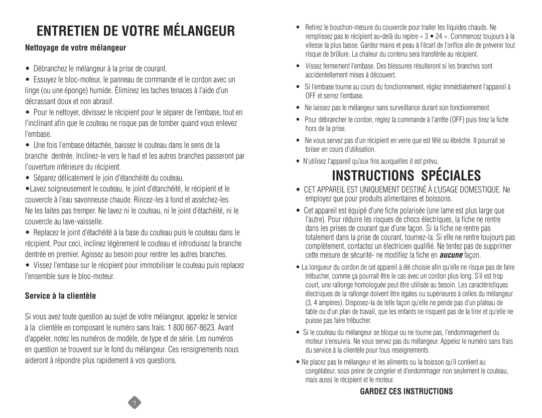 Sunbeam 6091 Entretien DE Votre Mélangeur, Instructions Spéciales, Nettoyage de votre mélangeur, Service à la clientèle 