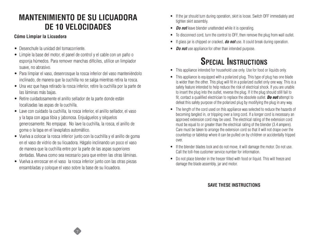 Sunbeam 6091, 6013 manual Mantenimiento DE SU Licuadora DE 10 Velocidades, Special Instructions, Cómo Limpiar la Licuadora 