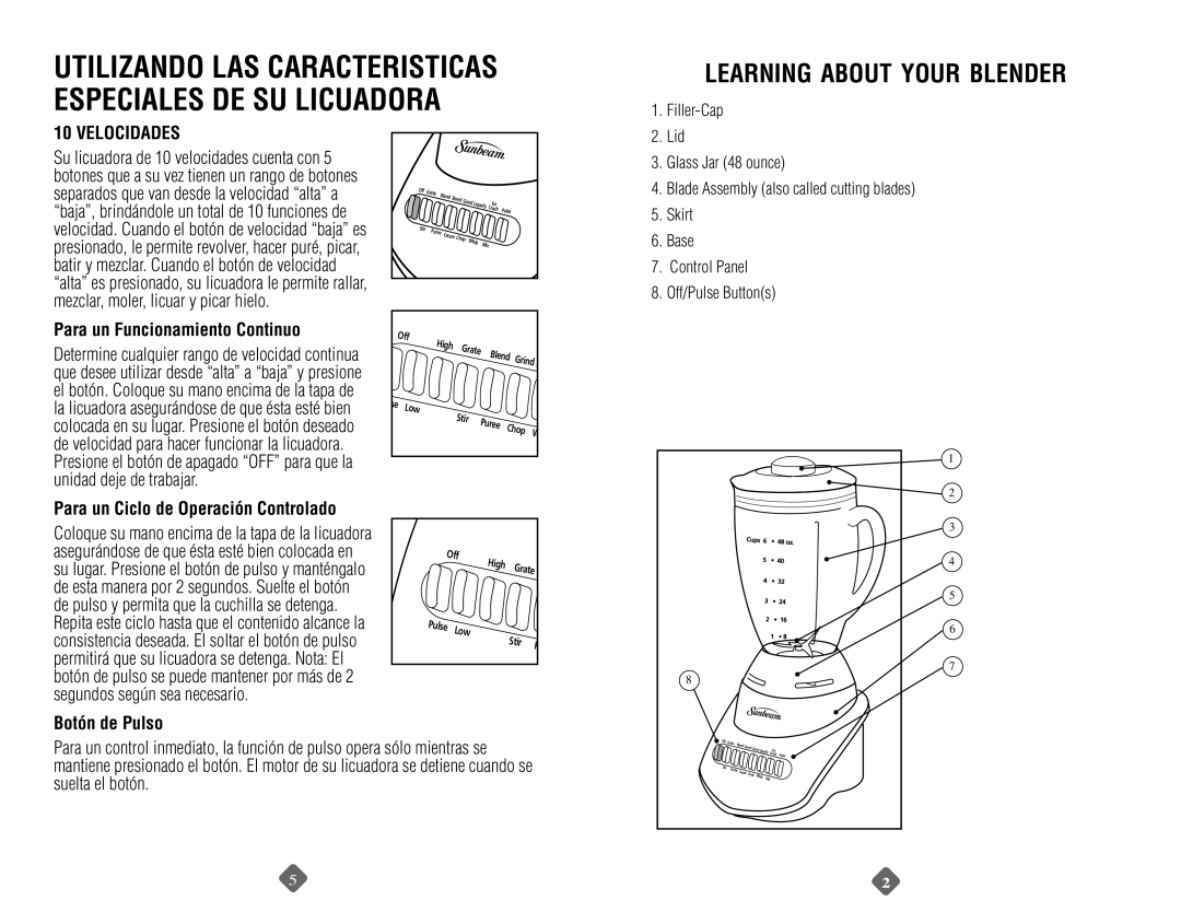 Sunbeam 6091, 6013 Learning about your blender, Para un Funcionamiento Continuo, Para un Ciclo de Operación Controlado 