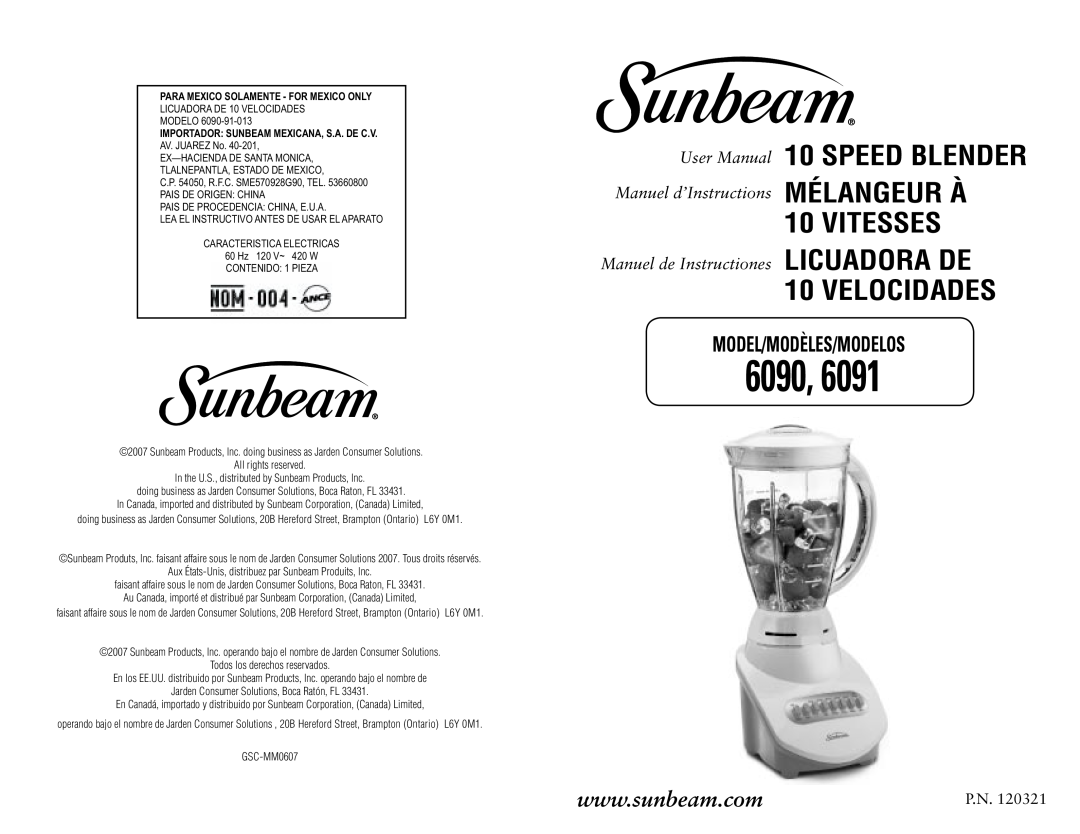 Sunbeam 6091, 6013 manual User Manual 10 SPEED BLENDER, Vitesses, Velocidades, 6090, Model/Modèles/Modelos 