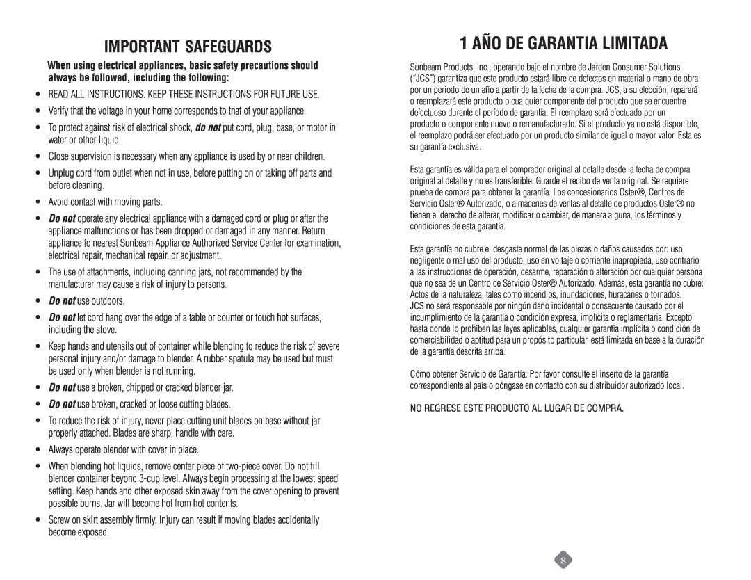 Sunbeam 6013, 6091 manual 1 AÑO DE GARANTIA LIMITADA, important safeguards 