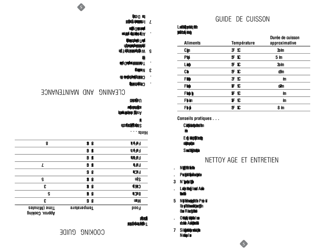 Sunbeam 6107-33 user manual Maintenance Eaningcl, Guide cooking Guide de cuisson, Nettoyage et entretien 