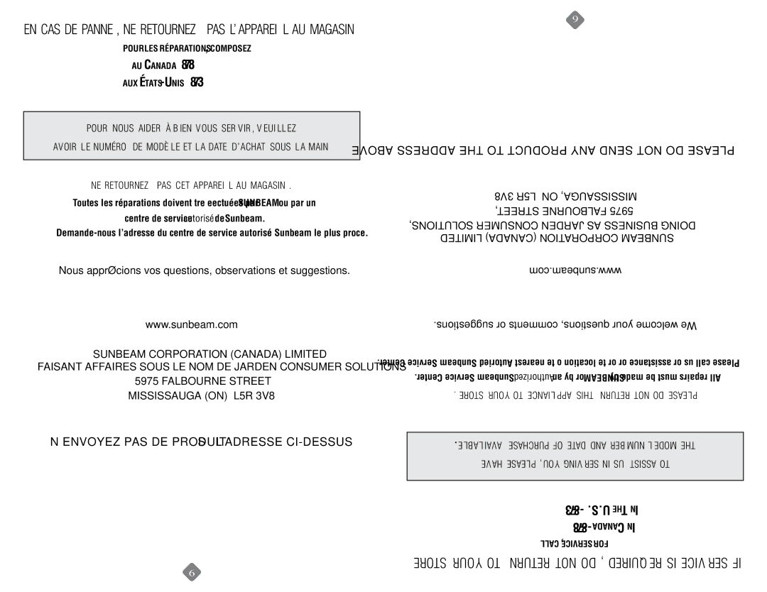 Sunbeam 6107-33 Nous apprécions vos questions, observations et suggestions, 8623-667-800-1, Anada Call ,service for 