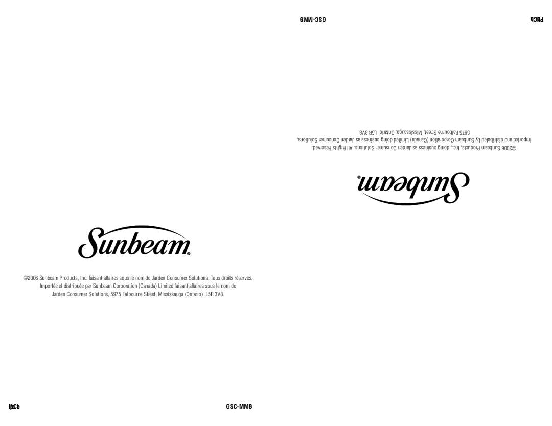 Sunbeam 6107-33 user manual MM051906-GSC, Imprimé en Chine, China in Printed, GSC-MM051906 