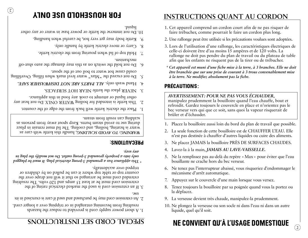 Sunbeam 6109-33URB user manual Instructions SET Cord Special Instructions Quant AU Cordon 