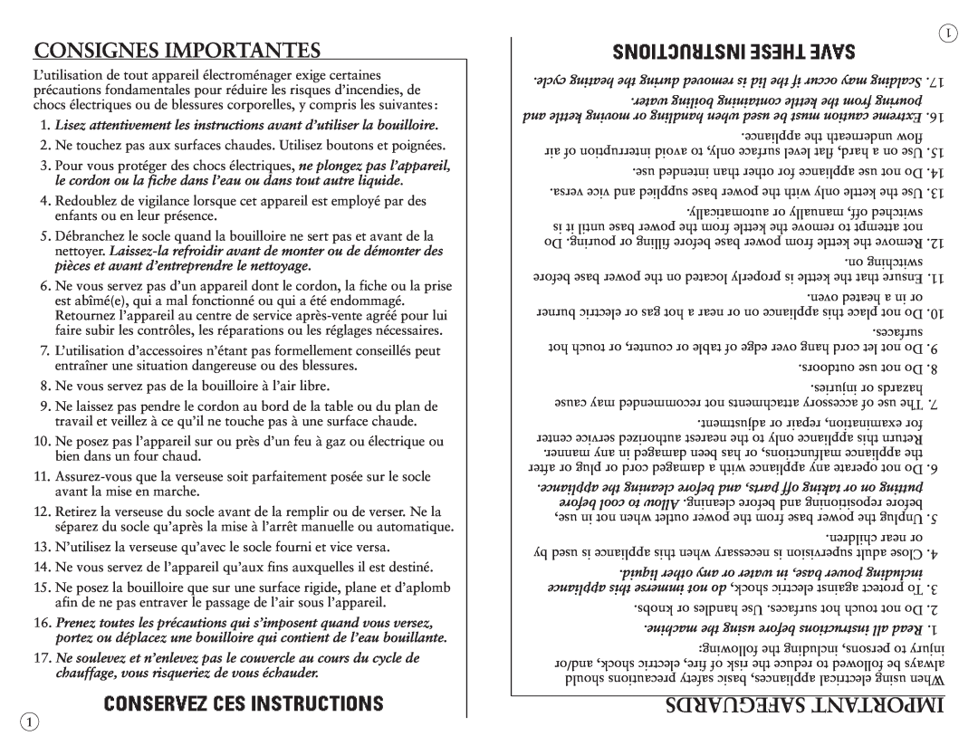 Sunbeam 6109-33URB user manual Consignes Importantes, Safeguards Important 