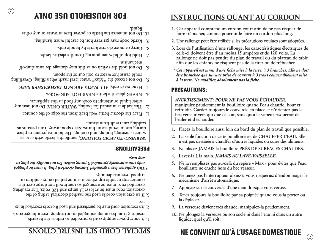 Sunbeam 6109-33URB user manual Instructions Set Cord Special, Instructions Quant Au Cordon 