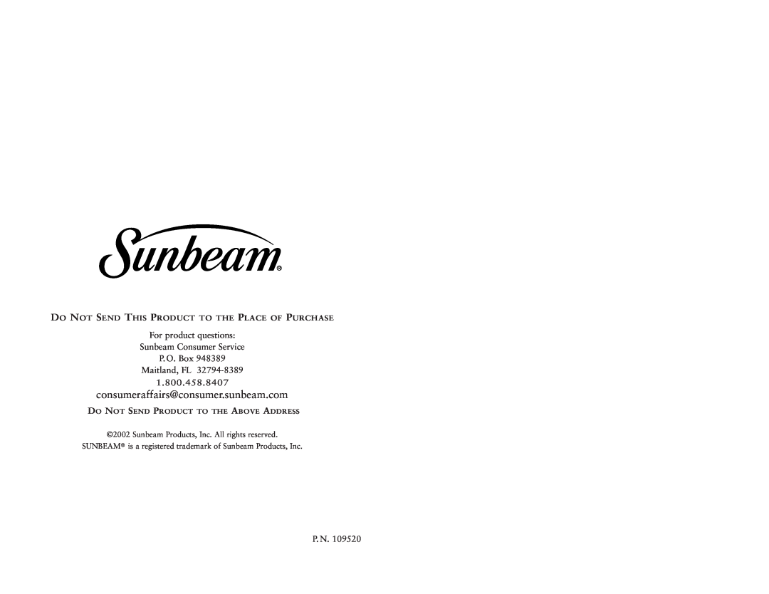 Sunbeam 6191 1.800.458.8407, Do Not Send This Product To The Place Of Purchase, Sunbeam Products, Inc. All rights reserved 