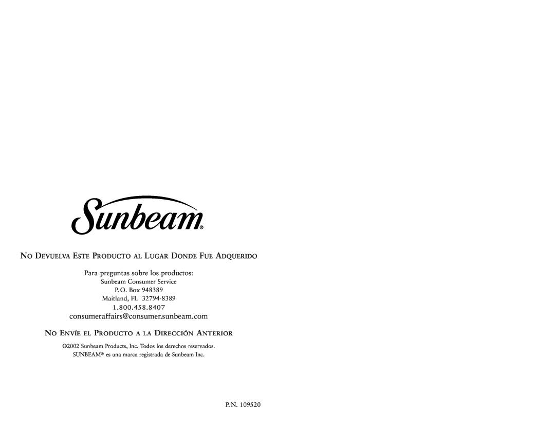 Sunbeam 6191 user manual 1.800.458.8407, Para preguntas sobre los productos, No Envíe El Producto A La Dirección Anterior 