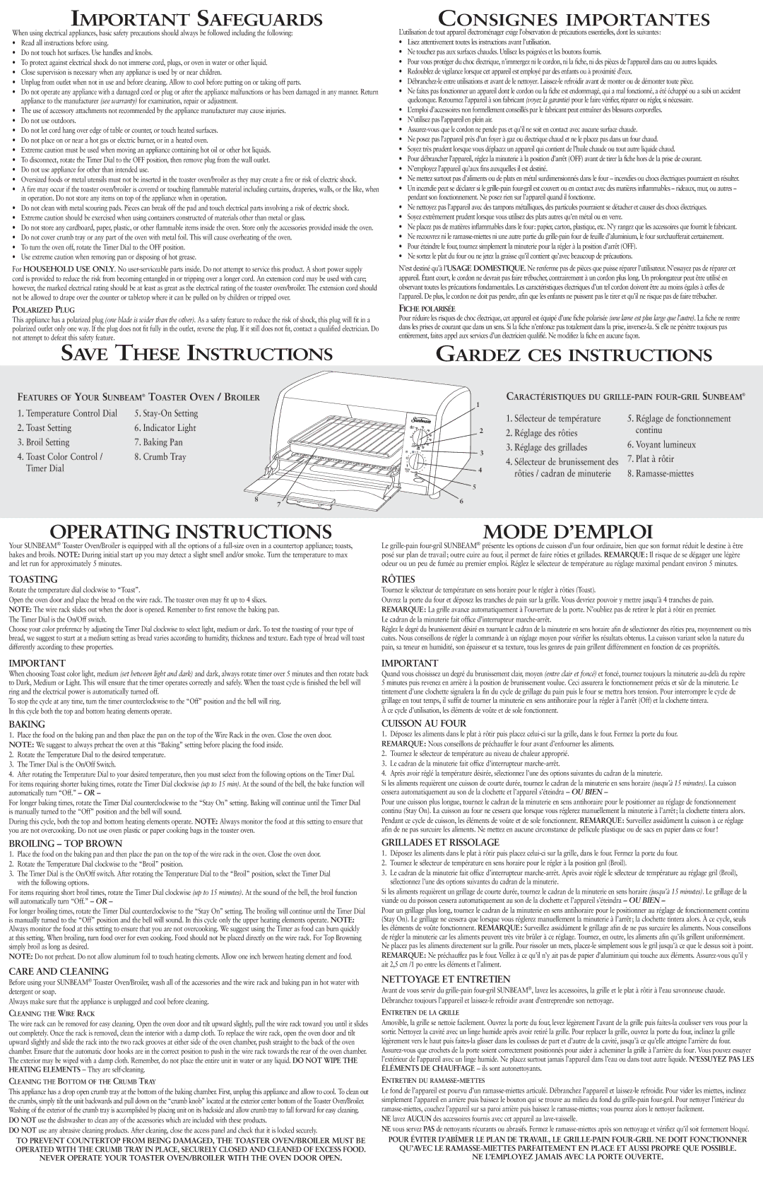 Sunbeam 6198-33 warranty Important Safeguards, Consignes Importantes, Gardez CES Instructions 