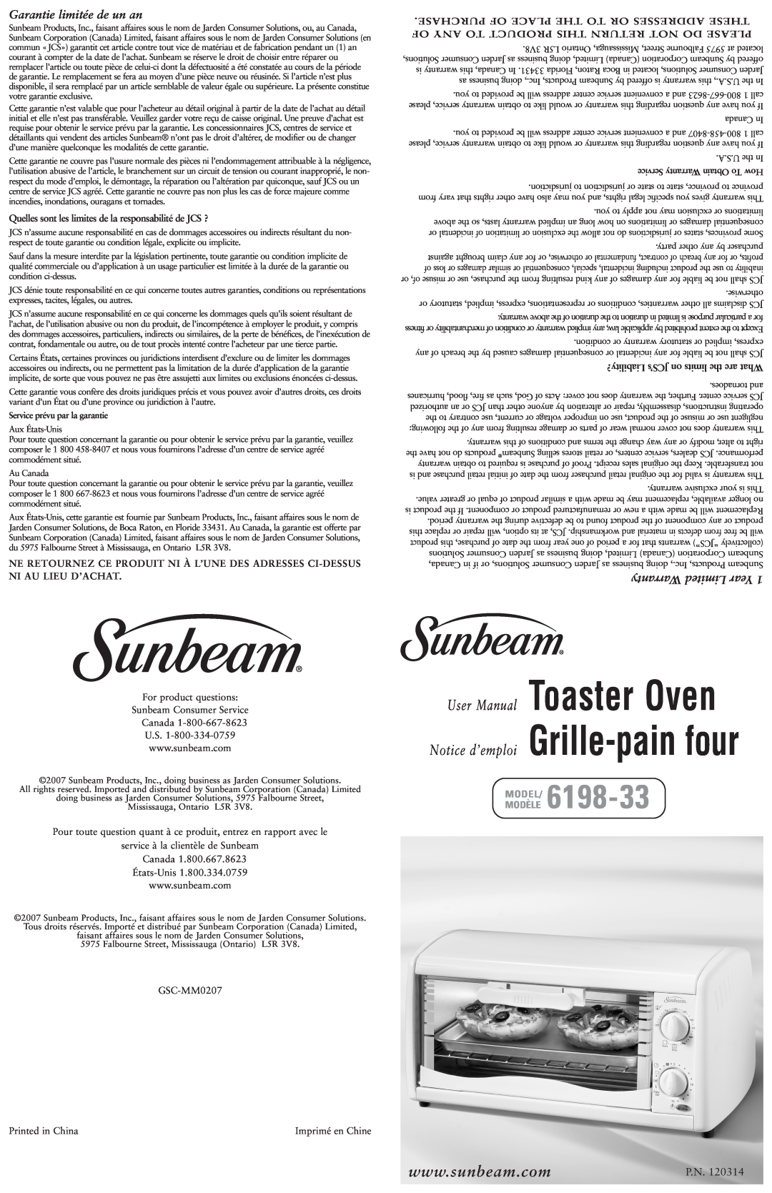 Sunbeam 6198-33 warranty Garantie limitée de un an, Warranty Limited Year, P.N, Modèle Model 
