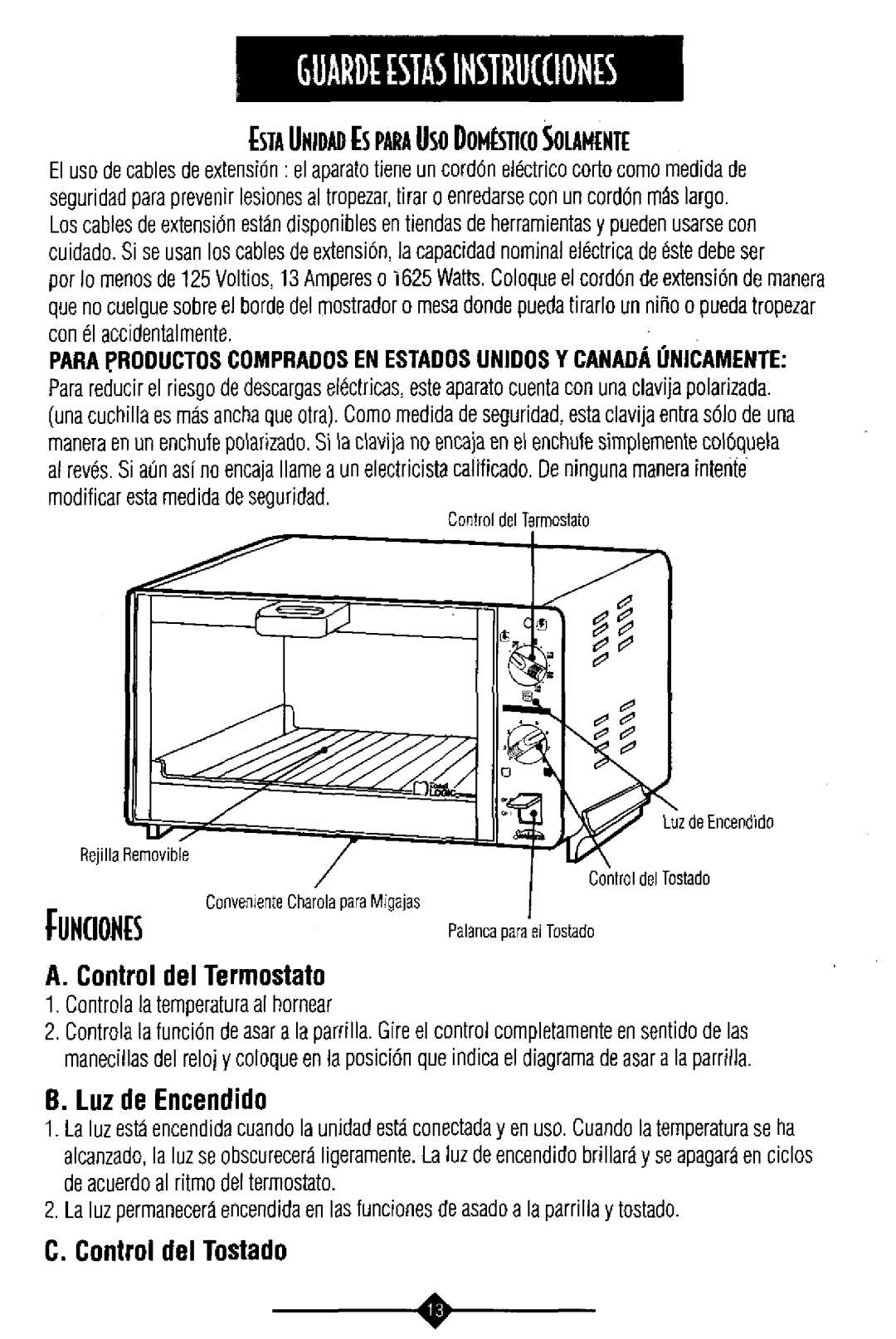 Sunbeam 6202 EVAUNIDADEsPARAho DDM~KOSOUHENTE, FlINtlONE, Control del Termostato, Luz de Encendido, Control del Tostado 