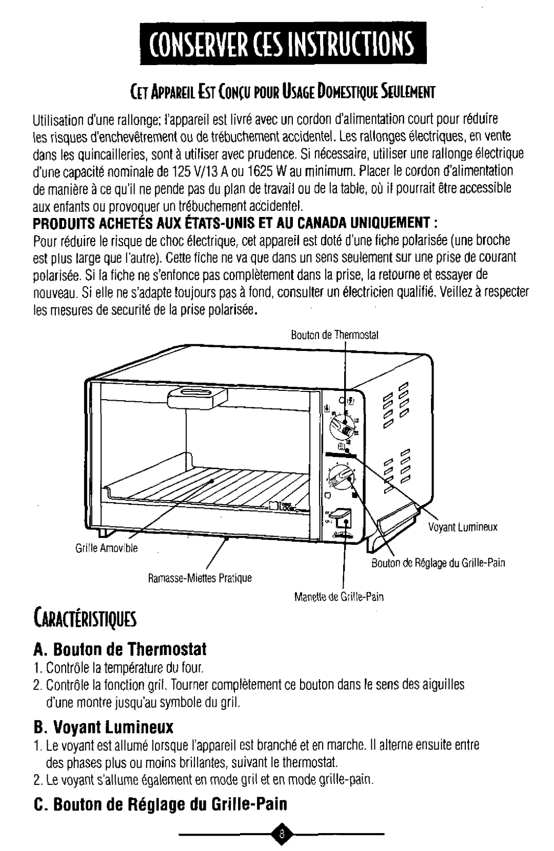 Sunbeam 6203, 6202 Bouton de Thermostat, Voyant Lumineux, Bouton de Mglage du Grille-Pain, Contrdle la temperaturedu four 