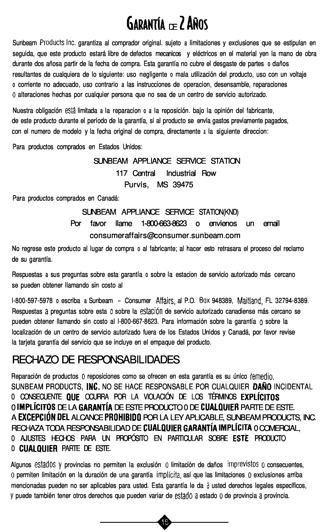 Sunbeam 6203 GARANTÍA DE Z ANos, Rechazo De Responsabilidades, Sunbeam Appliance Service Station, Cualouier Parte De Este 