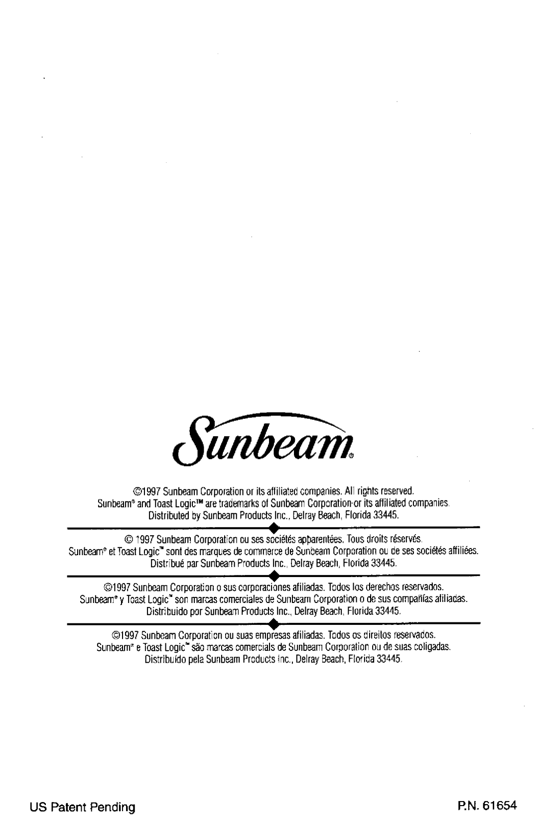 Sunbeam 6203, 6202 instruction manual US Patent Pending, Distribuido pela Sunbeam Products, P.N 
