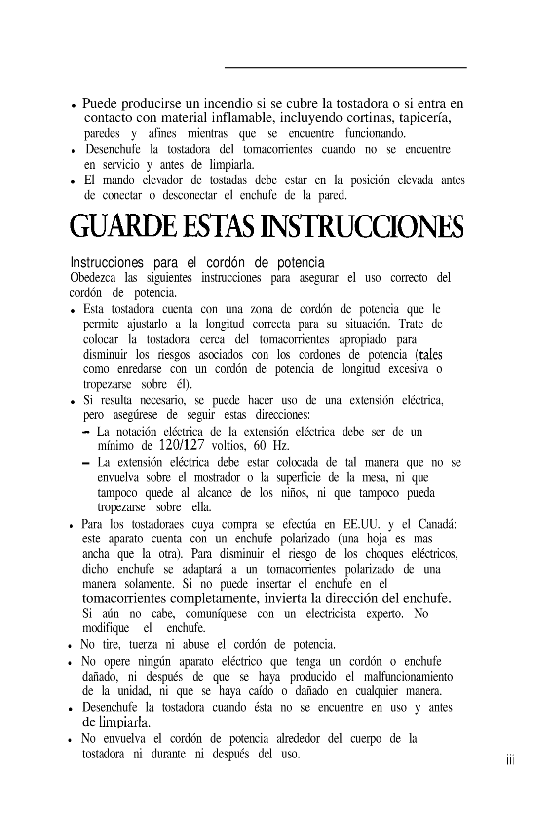 Sunbeam 6220 manual Guardeestasinstrucciones, Instrucciones para el cordón de potencia 