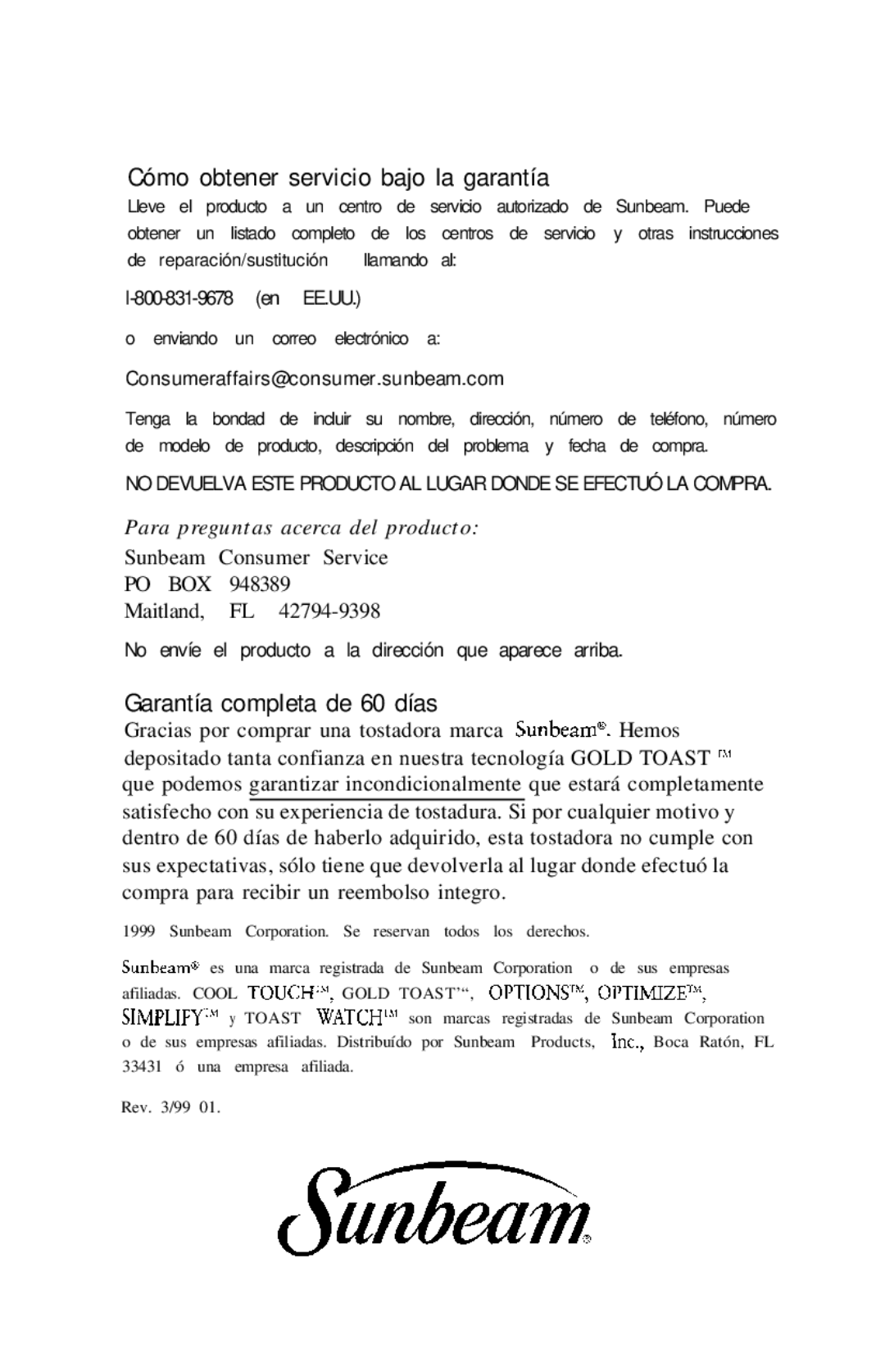 Sunbeam 6220 manual Cómo obtener servicio bajo la garantía, Garantía completa de 60 días, En EE.UU 