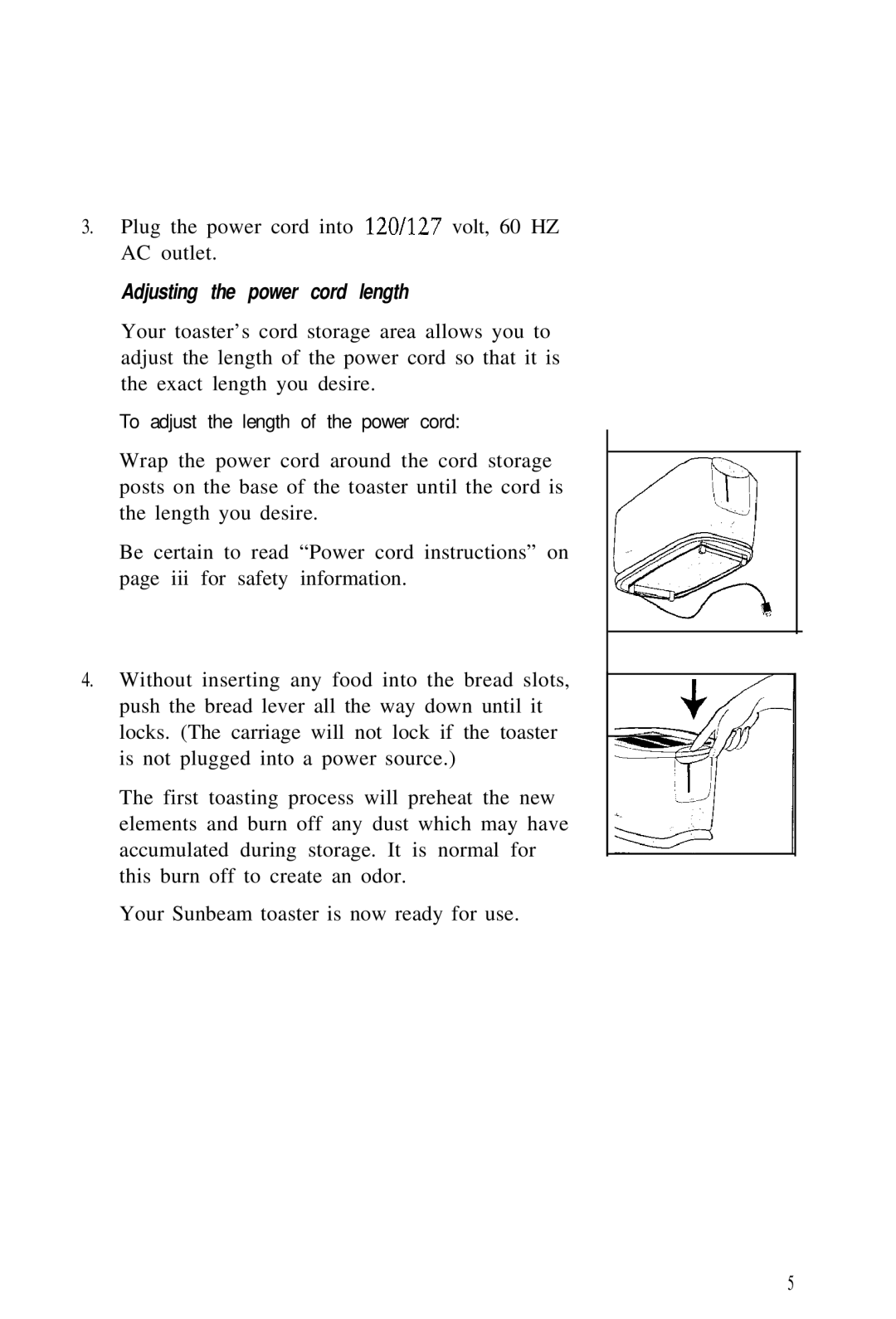 Sunbeam 6220 manual Adjusting the power cord length, To adjust the length of the power cord 