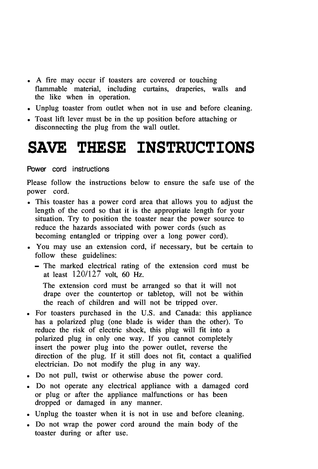 Sunbeam 6220 manual Power cord instructions, Save These Instructions 