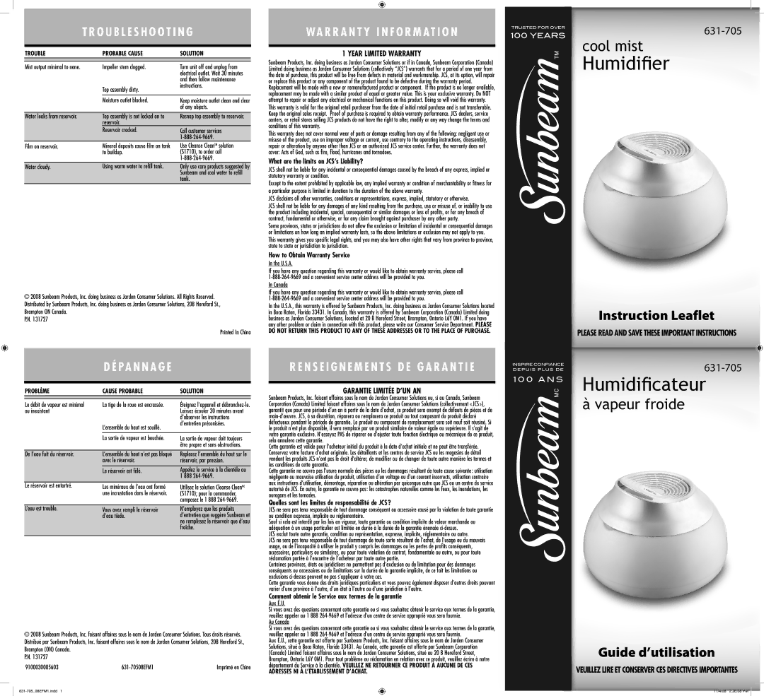 Sunbeam 631-705 warranty Year Limited Warranty, Garantie Limitée D’UN AN 