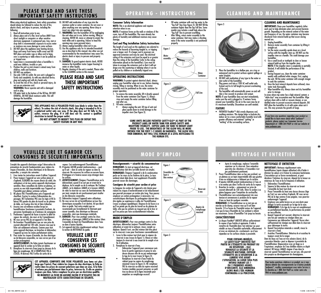 Sunbeam 631-705 warranty Operating Instructions, Cleaning and Maintenance, Mode D’EMPLOI, Nettoyage ET Entretien 