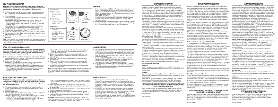 Sunbeam 631 HOW to USE Your Humidifier, Features, Year Limited Warranty, Garantía Limitada DE 3 Años, Caracteristicas 