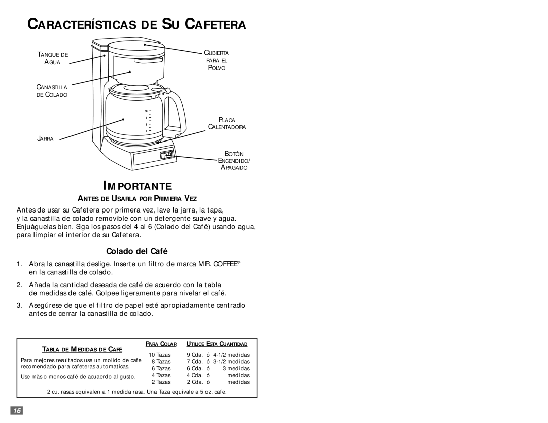 Sunbeam 6385 warranty Características DE SU Cafetera, Importante 