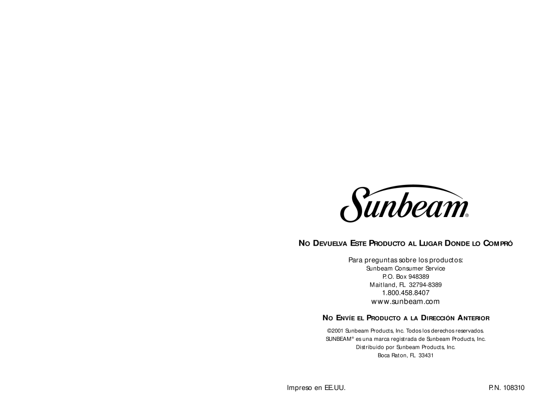 Sunbeam 6385 warranty No Devuelva Este Producto AL Lugar Donde LO Compró 