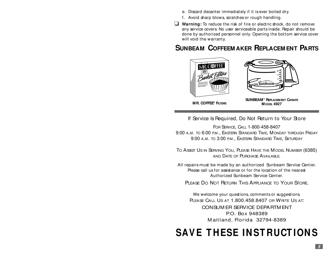 Sunbeam 6385 warranty Sunbeam Coffeemaker Replacement Parts 