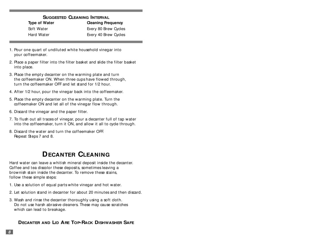 Sunbeam 6385 warranty Decanter Cleaning, Suggested Cleaning Interval 