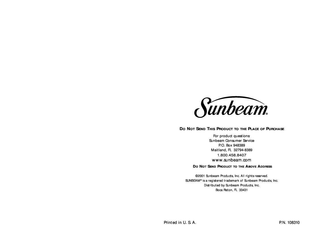 Sunbeam 6385 1.800.458.8407, Do Not Send This Product To The Place Of Purchase, Sunbeam Products, Inc. All rights reserved 