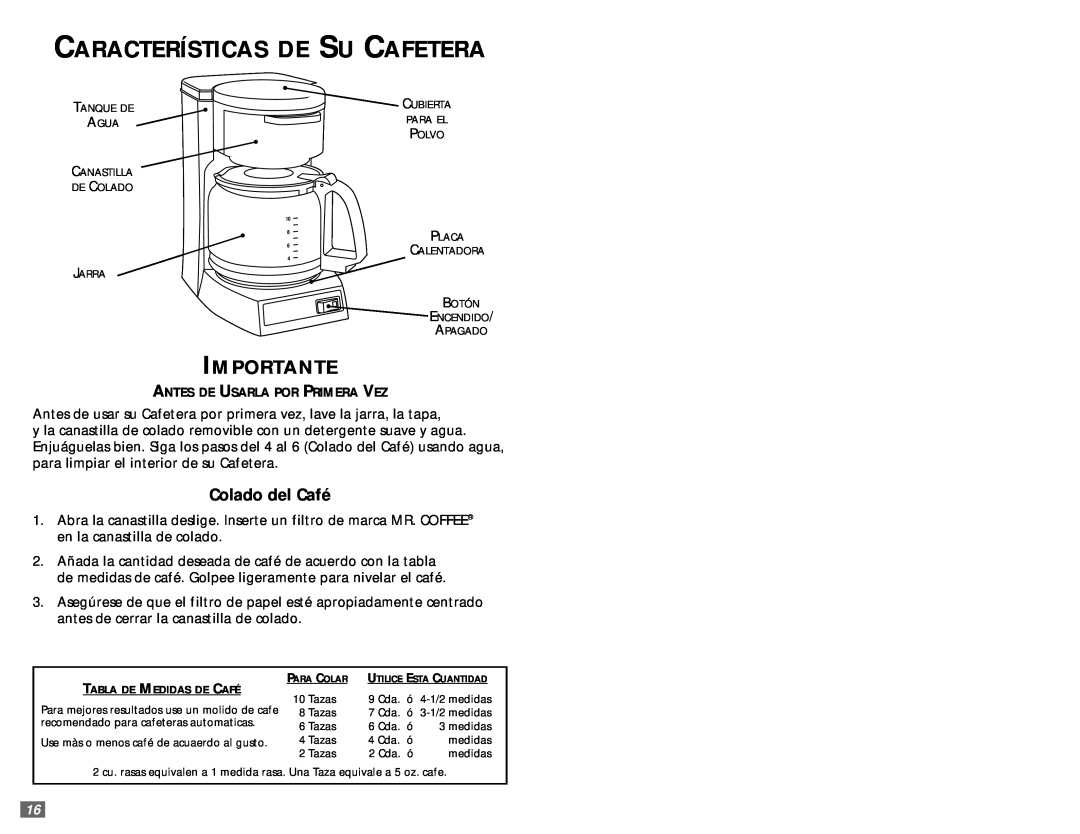 Sunbeam 6385 warranty Características De Su Cafetera, Importante, Colado del Café 