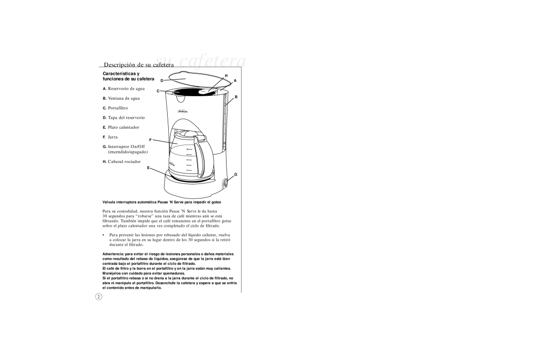 Sunbeam 6391 user manual Características y, Funciones de su cafetera 