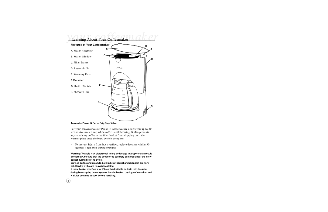 Sunbeam 6391 user manual Features of Your Coffeemaker, Automatic Pause ‘N Serve Drip Stop Valve 