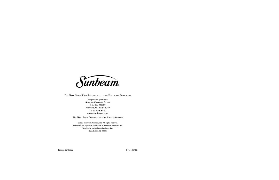 Sunbeam 6391 1.800.458.8407, For product questions Sunbeam Consumer Service, P. O. Box Maitland, FL, P. N, Boca Raton, FL 