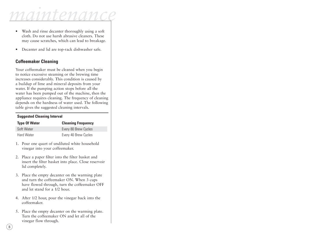 Sunbeam 6395, 6396, 6397 manual Maintenance, Coffeemaker Cleaning 