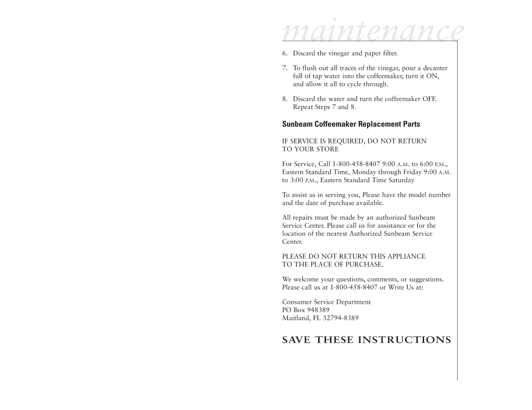 Sunbeam 6396, 6395, 6397 manual Sunbeam Coffeemaker Replacement Parts, If Service is REQUIRED, do not Return to Your Store 