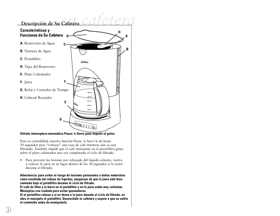 Sunbeam 6396, 6395, 6397 manual Características y Funciones de Su Cafetera D 