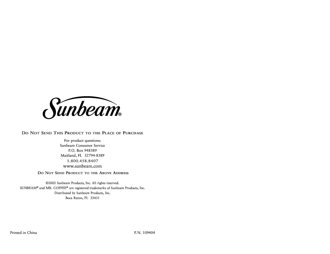 Sunbeam 6396 1.800.458.8407, For product questions Sunbeam Consumer Service, P. O. Box Maitland, FL, P. N, Boca Raton, FL 