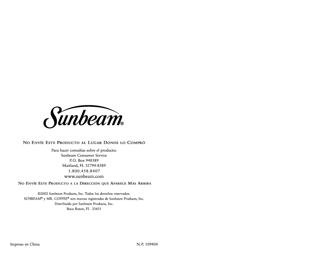 Sunbeam 6397 1.800.458.8407, Para hacer consultas sobre el producto, Sunbeam Consumer Service P. O. Box Maitland, FL, N. P 