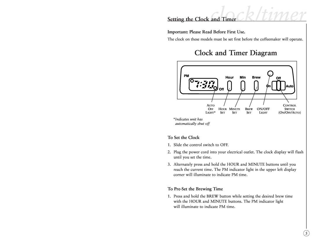 Sunbeam 6395, 6396 Clock and Timer Diagram, Setting the Clock clock/timerand Timer, Important Please Read Before First Use 