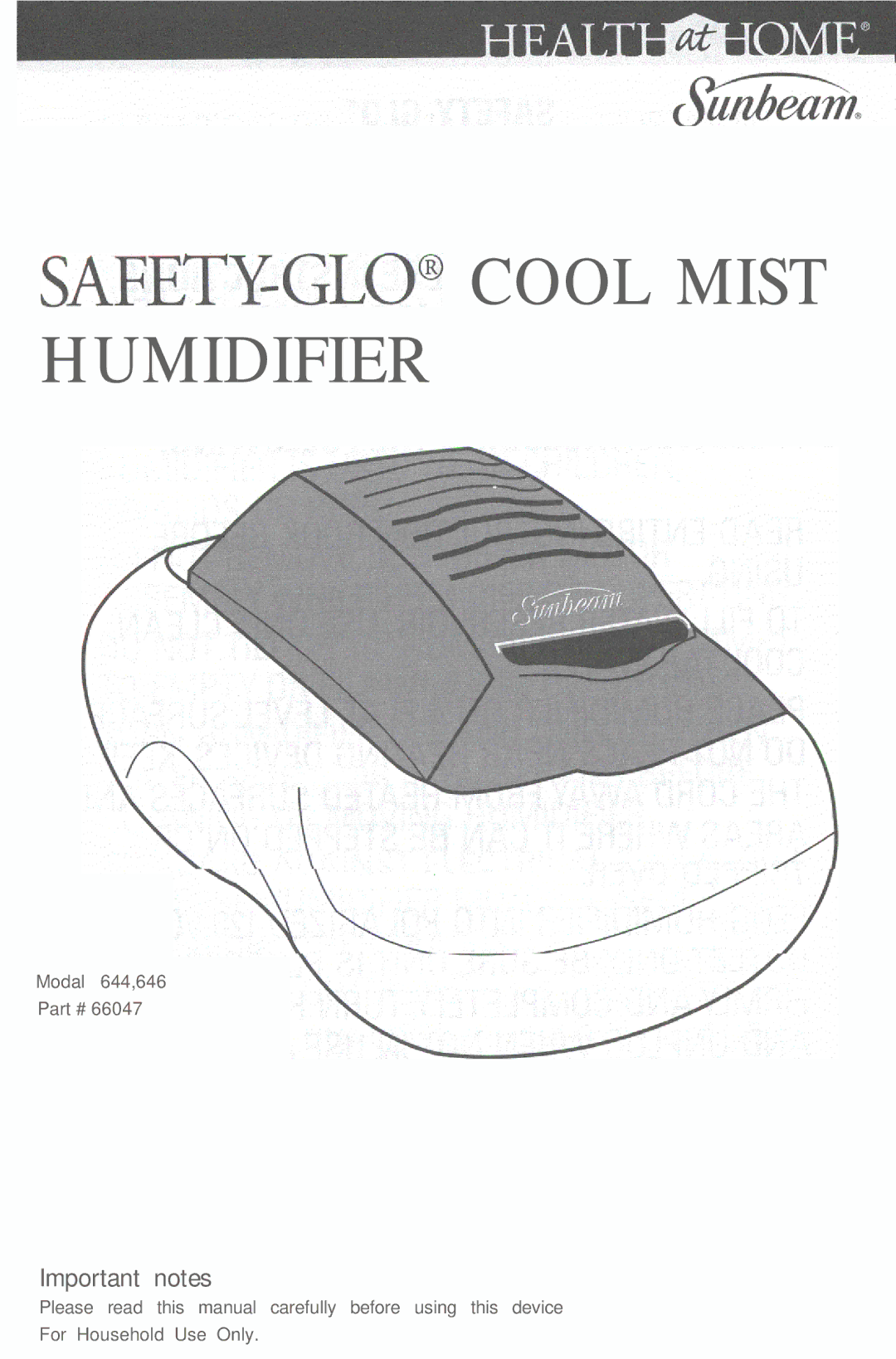 Sunbeam 646, 644 manual SAFETY-GLO@ Cool Mist Humidifier 