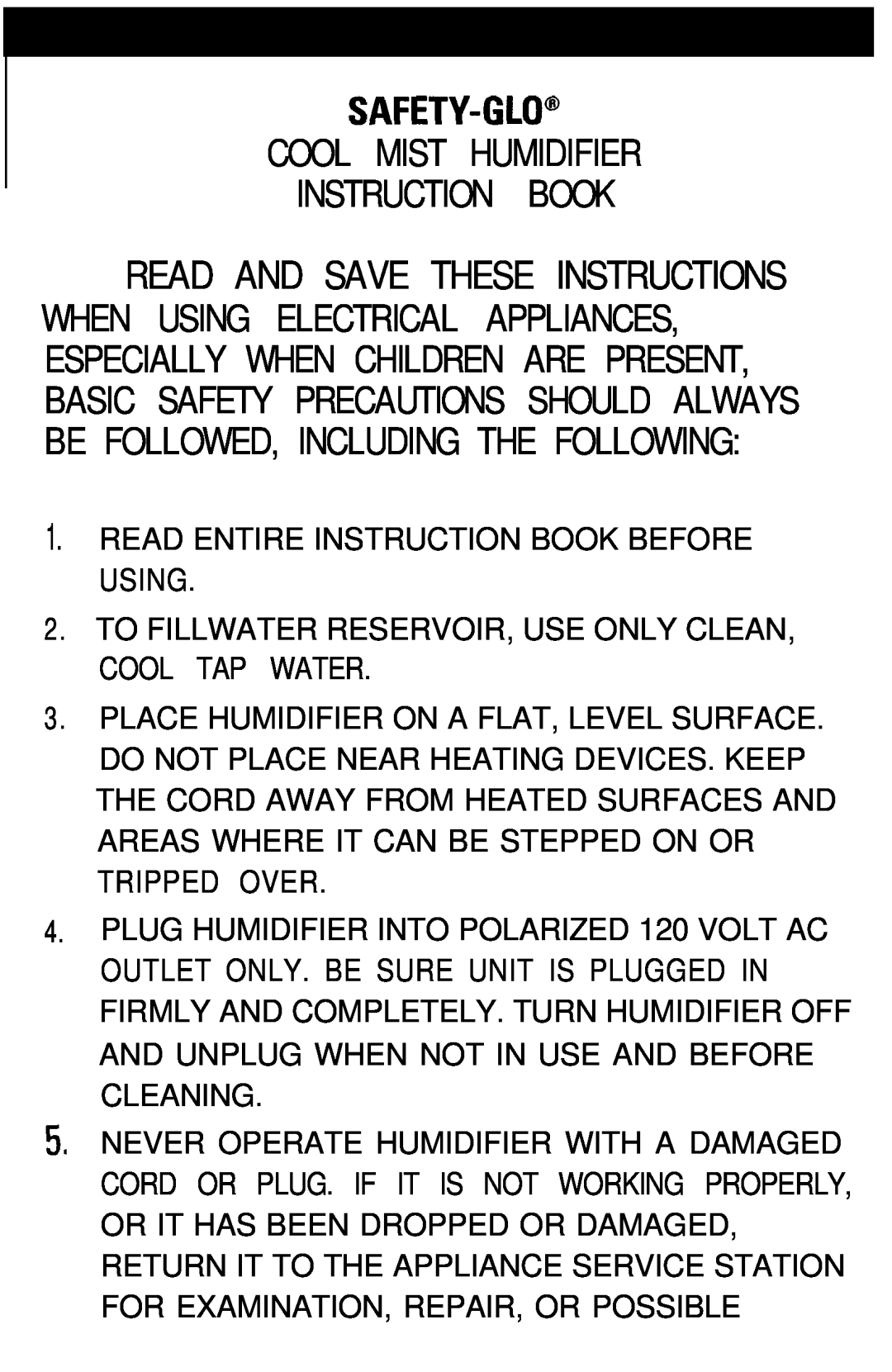 Sunbeam 644, 646 manual Read And Save These Instructions, Safety-Glob Cool Mist Humidifier Instruction Book 