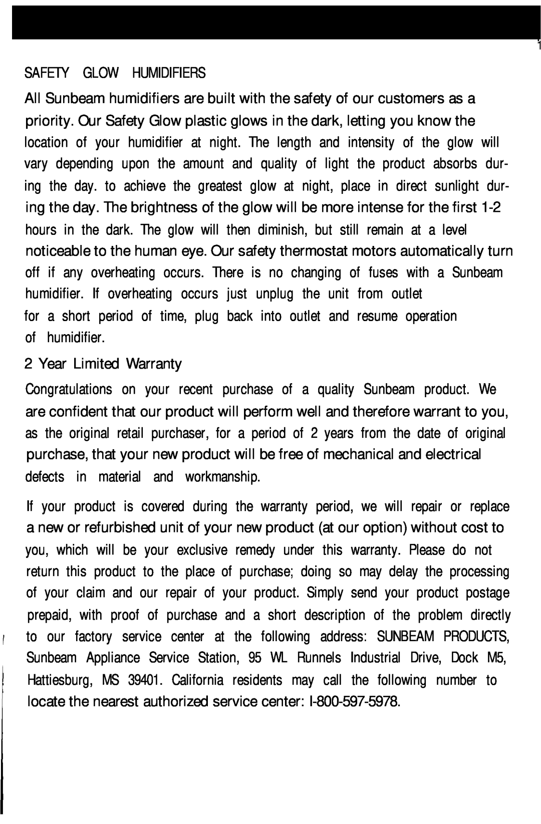 Sunbeam 646, 644 manual Safety Glow Humidifiers 