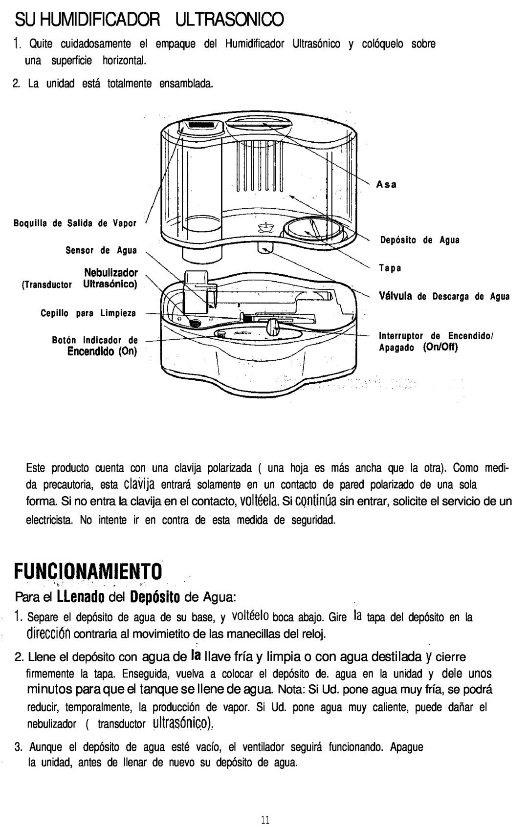 Sunbeam 696 instruction manual Su Humidificador Ultrasonico, FUNcjON/MIENTCi, Para el LLenado del Dipósito de Agua 